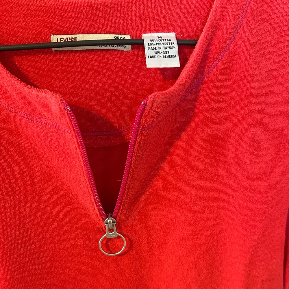 Levi's Red Short Sleeve Cotton Blend Terry Cloth Top with Zipper - Picture 5 of 10